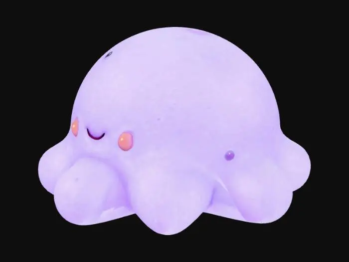 3D model for A malleable, light purple blob-like creature with an amorphous, irregular shape, appearing soft and squishy to the touch. It has a smooth, slightly glossy texture, suggesting a gelatinous or viscous material. Its face features two small, simple black dot eyes and a thin, curved line for a mouth, giving it a gentle, smiling expression. The bottom edge of its form is slightly flattened, as if resting on a surface.