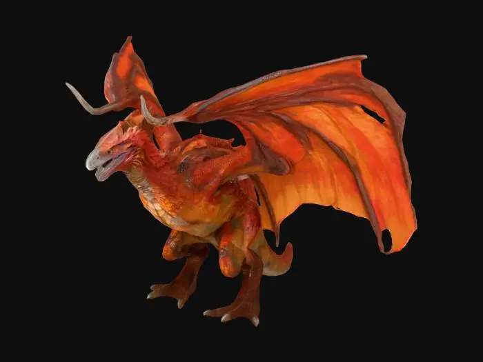 3D model for A colossal, bipedal creature stands with expansive, vivid red and orange leathery wings fully outstretched, showcasing a powerful, avian-reptilian form. Its body is covered in rough, reddish-brown scales and textured, segmented plates across its chest and legs. A long, sturdy neck supports a head featuring a prominent bluish-grey, pointed beak and a small crest. Its thick, clawed feet firmly grip the ground, suggesting a formidable, muscular build with a tough, scaly hide.
