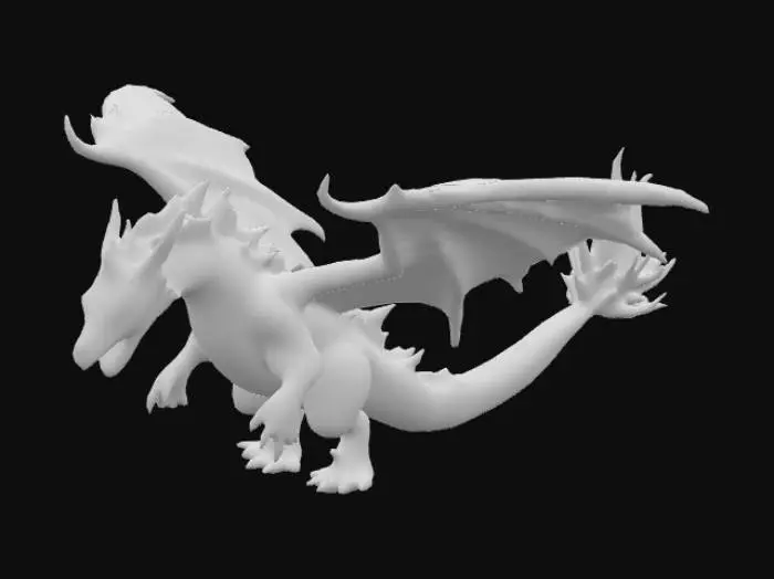 3D model for A fierce ice dragon in flight, its reptilian body a deep, matte blue-black, adorned with glowing, sharp ice shards along its spine and tail. Its large, translucent wings shimmer with vibrant electric blue hues, webbed with delicate, frosted membranes. The dragon has a blocky, angular snout and glowing cyan eyes, with a hint of purple on its tongue, suggesting a cold, crystalline essence. Its texture appears smooth yet rugged, with a cold, brittle feel.