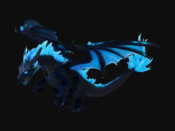 3D model for A fierce ice dragon in flight, its reptilian body a deep, matte blue-black, adorned with glowing, sharp ice shards along its spine and tail. Its large, translucent wings shimmer with vibrant electric blue hues, webbed with delicate, frosted membranes. The dragon has a blocky, angular snout and glowing cyan eyes, with a hint of purple on its tongue, suggesting a cold, crystalline essence. Its texture appears smooth yet rugged, with a cold, brittle feel.
