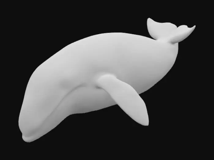 3D model for A majestic, whale-like creature boasts a robust, streamlined body in deep indigo blue, with a smooth, almost iridescent surface. Its large pectoral fins and dorsal fin are adorned with vibrant crimson red, intricate glowing patterns. A lighter, cool grey defines its underside and facial markings. The powerful pectoral fins feature five distinct paddle-like digits, complementing the segmented, fan-like tail fins. Small, intense red eyes with bright yellow pupils complete its striking appearance, suggesting a formidable yet graceful presence.