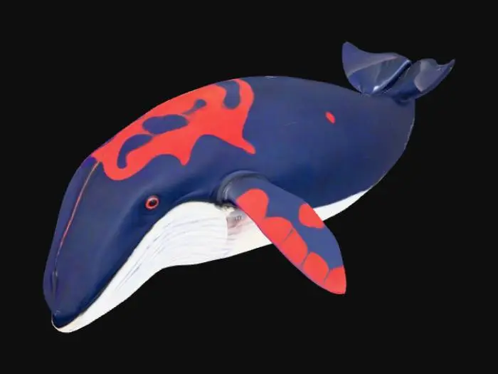 3D model for A majestic, whale-like creature boasts a robust, streamlined body in deep indigo blue, with a smooth, almost iridescent surface. Its large pectoral fins and dorsal fin are adorned with vibrant crimson red, intricate glowing patterns. A lighter, cool grey defines its underside and facial markings. The powerful pectoral fins feature five distinct paddle-like digits, complementing the segmented, fan-like tail fins. Small, intense red eyes with bright yellow pupils complete its striking appearance, suggesting a formidable yet graceful presence.