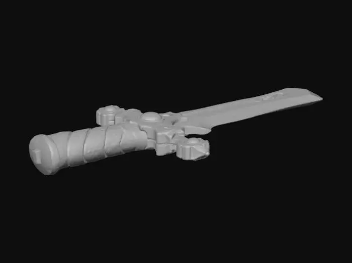 3D model for A formidable, giant greatsword with a colossal, obsidian-black blade that gleams dully, hinting at immense strength. Its sharp edges are subtly outlined in a deep crimson, flowing into intricate gold engravings that coil along the blade's surface and extend across the substantial crossguard. The elongated handle is wrapped in dark, coarse-textured leather, providing a firm grip, and is elegantly studded with several large, faceted red rubies embedded into its surface, culminating in a heavy, golden pommel.