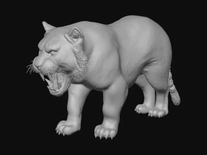 3D model for A ferocious tiger snarling, muscles tensed, and sharp claws extended. Its vibrant orange fur features distinct black stripes and a coarse texture, conveying raw power. The eyes gleam with intense amber, expressing fury. Its powerful, muscular body is poised to strike, exhibiting a menacing, dynamic pose and a threatening open mouth revealing sharp fangs.