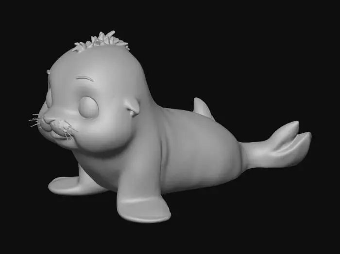 3D model for A cute seal with smooth, sleek fur, appearing slightly wet and plush. It possesses large, glistening dark eyes, an innocent expression, and a small, gentle smile. Its body is plump and streamlined, featuring short, webbed flippers and a subtly tapered tail. The coat is a soft mottled grey, feeling velvety and cool to the touch, in a relaxed, playful pose.