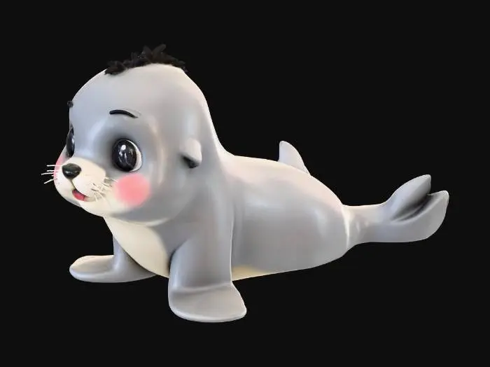 3D model for A cute seal with smooth, sleek fur, appearing slightly wet and plush. It possesses large, glistening dark eyes, an innocent expression, and a small, gentle smile. Its body is plump and streamlined, featuring short, webbed flippers and a subtly tapered tail. The coat is a soft mottled grey, feeling velvety and cool to the touch, in a relaxed, playful pose.