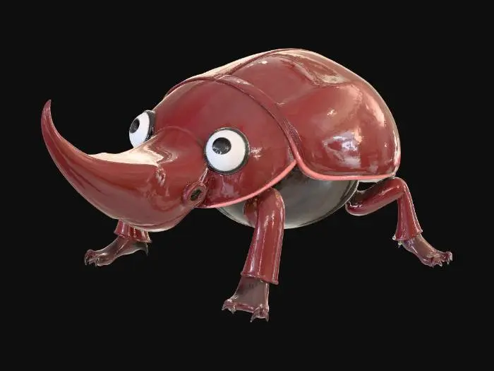 3D model for A glossy, dark reddish-brown rhinoceros beetle with a smooth, polished shell and a cartoonish, friendly expression. It features a prominent, curved horn on its head, segmented legs, and antennae. The beetle has a rounded body, chunky limbs, and large, white eyes with small black pupils, giving it a playful 3D rendered appearance with soft, even lighting and minimal shadows.