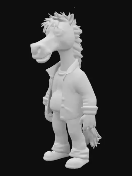 3D model for Create a 3D model of BoJack Horseman, an anthropomorphic horse with a humanoid body. His face should be tired and grizzled, with a messy brown mane. He wears a maroon jacket, teal shirt, and blue jeans. His posture is slouched, and his expression is sarcastic and jaded. His hands should be human-like with subtle horse features, and his hooves should be visible. His tail is short and bushy. The model should exude apathy, self-doubt, and a sense of melancholy."
