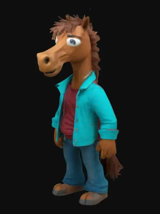 3D model for Create a 3D model of BoJack Horseman, an anthropomorphic horse with a humanoid body. His face should be tired and grizzled, with a messy brown mane. He wears a maroon jacket, teal shirt, and blue jeans. His posture is slouched, and his expression is sarcastic and jaded. His hands should be human-like with subtle horse features, and his hooves should be visible. His tail is short and bushy. The model should exude apathy, self-doubt, and a sense of melancholy."