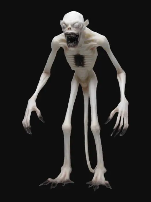 3D model for "Create a lanky horror monster with pale white skin and eerie white eyes, each featuring tiny black pupils. It has long, thin arms with sharp, elongated fingers. The creature's mouth is unnaturally large, filled with sharp, jagged teeth. Its body is unsettlingly thin, with a hunched posture, and its movements are jerky and unnatural. The creature exudes a menacing, otherworldly aura, perfect for a terrifying atmosphere in a horror game."