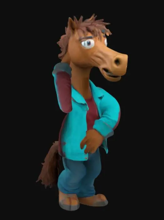 3D model for Create a 3D model of BoJack Horseman, an anthropomorphic horse with a humanoid body. His face should be tired and grizzled, with a messy brown mane. He wears a maroon jacket, teal shirt, and blue jeans. His posture is slouched, and his expression is sarcastic and jaded. His hands should be human-like with subtle horse features, and his hooves should be visible. His tail is short and bushy. The model should exude apathy, self-doubt, and a sense of melancholy."