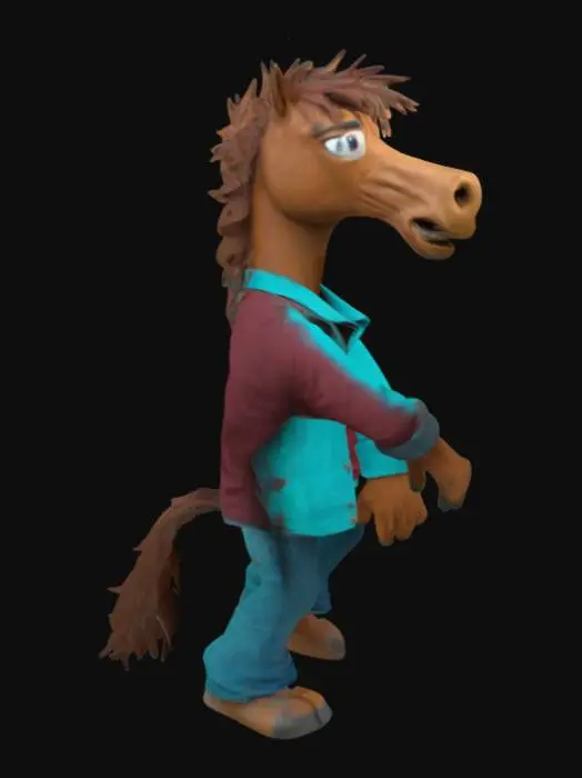 3D model for Create a 3D model of BoJack Horseman, an anthropomorphic horse with a humanoid body. His face should be tired and grizzled, with a messy brown mane. He wears a maroon jacket, teal shirt, and blue jeans. His posture is slouched, and his expression is sarcastic and jaded. His hands should be human-like with subtle horse features, and his hooves should be visible. His tail is short and bushy. The model should exude apathy, self-doubt, and a sense of melancholy."