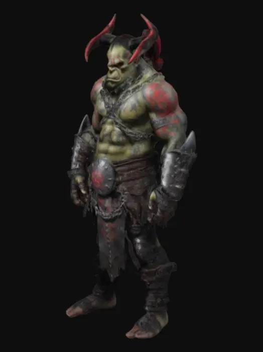 3D model for a orc with one red eye and four arms wearing metal chain lengh armour and having many magical looking tattos all over his body his skin is red and he has a warriors pony tail