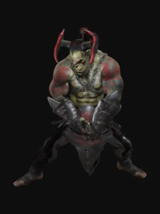 3D model for a orc with one red eye and four arms wearing metal chain lengh armour and having many magical looking tattos all over his body his skin is red and he has a warriors pony tail