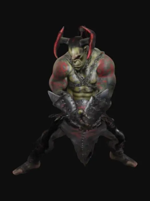 3D model for a orc with one red eye and four arms wearing metal chain lengh armour and having many magical looking tattos all over his body his skin is red and he has a warriors pony tail