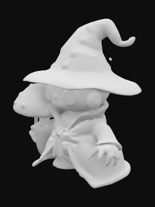 3D model for cute robitic musrooms animotrnic charactersd wearing a blue robe and wizard hat with large black eyes