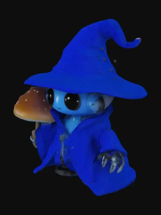3D model for cute robitic musrooms animotrnic charactersd wearing a blue robe and wizard hat with large black eyes