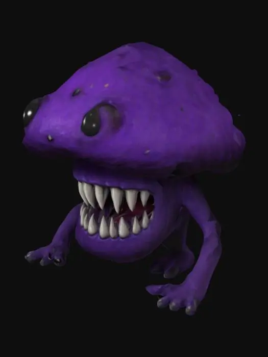 3D model for now do a big purple mushroom with giant monster arms pure black eyes a giant mouth with two rows of sharp pointy teeth and no legs 