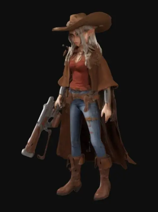 3D model for a fantasy elf girl wearing a brown cloak with boots and jeans and a dirty polo top she wears a cow girls hat and hold a fantasy looking shotgun and has a lasso attached to her belt whitch also houeses many other weapons she has red eyes and ornage long hair and her skin is tanned with lush lips and long eye lashes 