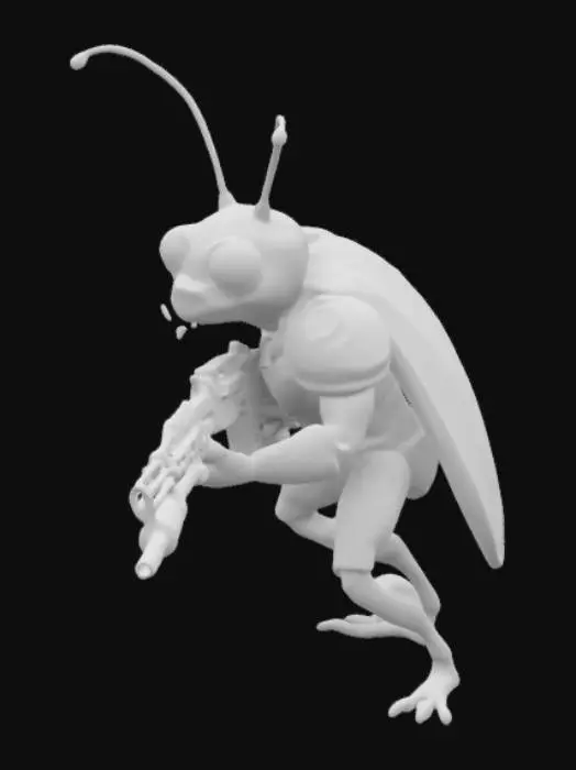 3D model for a cockroach wearing mechnical suit that gives it big mucles and strong look with its tiny cockroach heading opping out on the side it hold a futuristic looking plasma rifle and give off a cute stance 