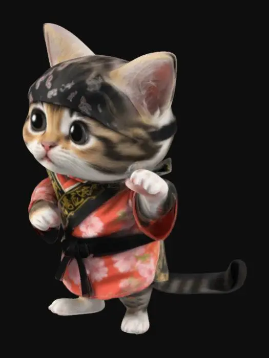 3D model for a cute tiny little kitten wearing a bandana and a kunfu masters robe and black belt 