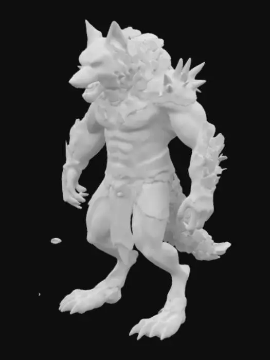 3D model for a creature that resembles a werewolf or a fantasy warrior. It has a muscular humanoid body with fur covering its skin, predominantly in shades of brown. The creature's face is fierce and animalistic, with pointed ears and sharp teeth. It is wearing a suit of armor that appears to be made of leather and metal, with intricate designs and spikes.
