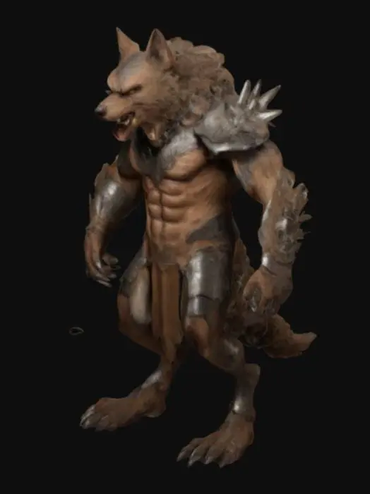3D model for a creature that resembles a werewolf or a fantasy warrior. It has a muscular humanoid body with fur covering its skin, predominantly in shades of brown. The creature's face is fierce and animalistic, with pointed ears and sharp teeth. It is wearing a suit of armor that appears to be made of leather and metal, with intricate designs and spikes.