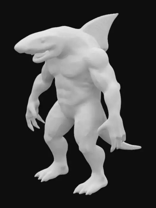 3D model for generate a humanoid creature that is a shark with arms and legs it has a shakr tail and fins protruding from its albows it has aLARGE FIN ON ITS BACK AND CLAWS with webbing on tis feet 