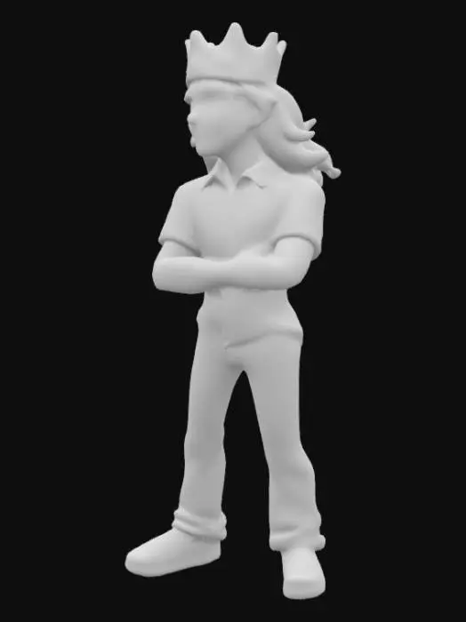 3D model for  normal humen being wearing a white button shirt with long curly hair and wearing a burger king corwn on his head and light brown jeans he has a very angry face
