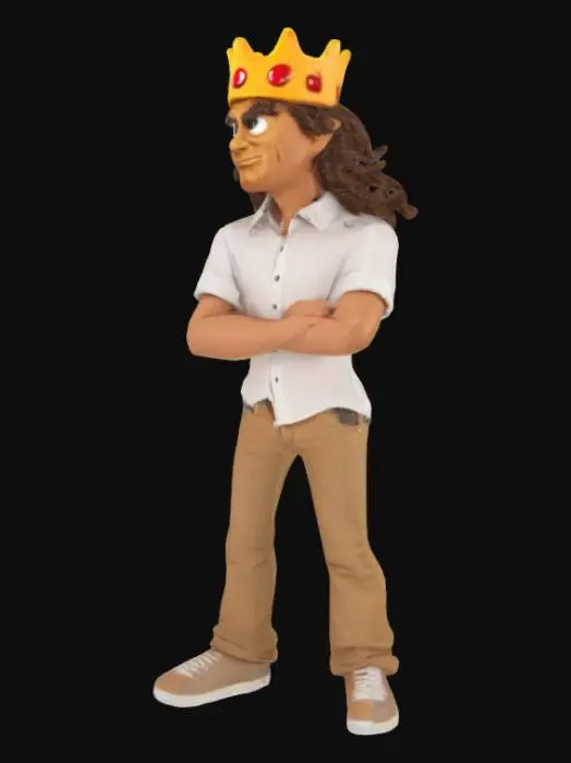 3D model for  normal humen being wearing a white button shirt with long curly hair and wearing a burger king corwn on his head and light brown jeans he has a very angry face
