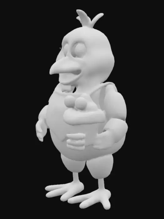3D model for An animatronic chicken character with a plump, rounded olive-green body, segmented limbs, and large, wide-set purple eyes. Its surface exhibits a slightly worn, matted fabric texture, with visible seams. A bright white bib with the words "LET'S EAT!!!" in colorful, blocky letters is strapped around its neck. It has a broad, dark brown beak and three-toed orange feet. The figure holds a vibrant pink cupcake with a swirling frosting texture, featuring large googly eyes and a single lit birthday candle.
