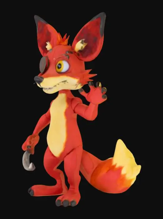 3D model for An anthropomorphic animatronic fox character with a lean, somewhat tattered build. Its fur appears to be made of worn, crimson-red fabric or plush material, showing patches of discoloration and tears, revealing metallic endoskeleton parts underneath. It has a triangular snout, yellow eyes, and large, pointed ears. A dark brown eyepatch covers its right eye, and a shiny, metallic hook replaces its left hand, suggesting a pirate-like appearance. Its posture is upright, with one arm slightly raised, ready for action.