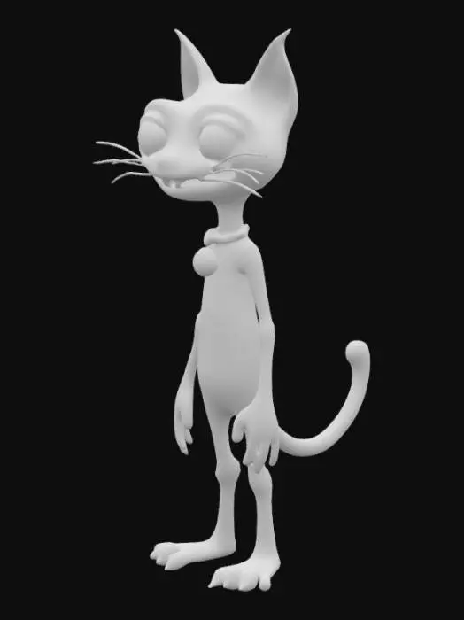 3D model for A slender, tall creature resembling a cat, rendered with a dark, muted purple, possibly felt-like or rubbery texture, hinting at a slightly matted or coarse surface. It possesses long, thin, almost stick-like legs and an equally thin tail. Its large, wide smile and round, white eyes create a somewhat eerie yet distinctive expression. A small, golden bell hangs from a thin, reddish collar around its neck, contrasting with its dark form.