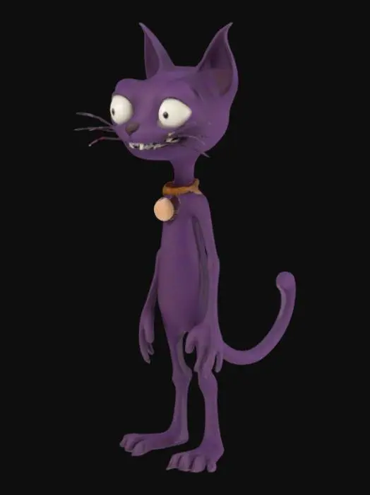 3D model for A slender, tall creature resembling a cat, rendered with a dark, muted purple, possibly felt-like or rubbery texture, hinting at a slightly matted or coarse surface. It possesses long, thin, almost stick-like legs and an equally thin tail. Its large, wide smile and round, white eyes create a somewhat eerie yet distinctive expression. A small, golden bell hangs from a thin, reddish collar around its neck, contrasting with its dark form.