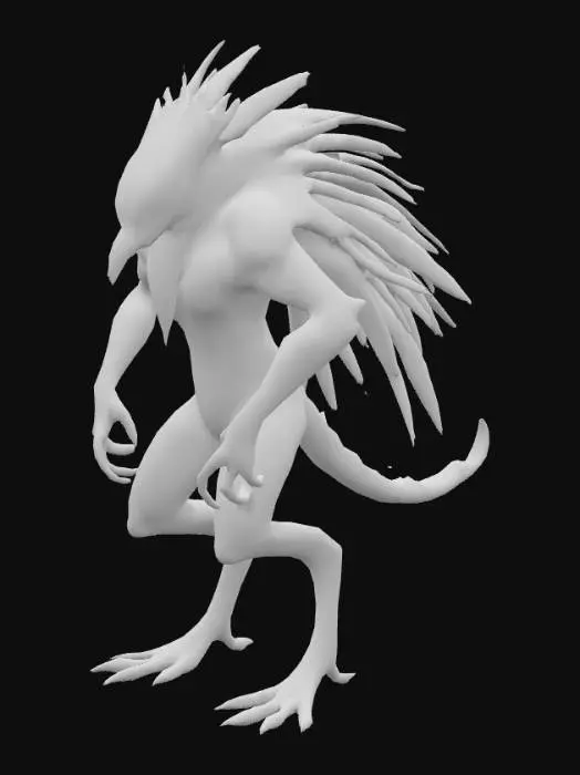 3D model for A humanoid avian creature with a powerful, lean build, posed dynamically as if kicking. Its body is primarily covered in smooth, vibrant red plumage, transitioning to creamy off-white on its long, flowing hair-like features that resemble flames. Spiky, pointed textures define the edges of its chest feathers and lower legs, which are a fiery yellow, suggesting a tough, possibly coarse feel. Its head features a sharp, pointed beak-like snout and intense red eyes, conveying a fierce expression.