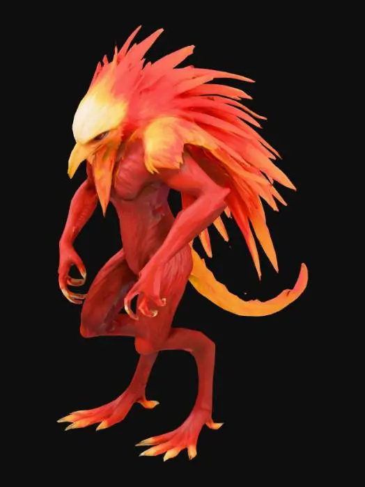 3D model for A humanoid avian creature with a powerful, lean build, posed dynamically as if kicking. Its body is primarily covered in smooth, vibrant red plumage, transitioning to creamy off-white on its long, flowing hair-like features that resemble flames. Spiky, pointed textures define the edges of its chest feathers and lower legs, which are a fiery yellow, suggesting a tough, possibly coarse feel. Its head features a sharp, pointed beak-like snout and intense red eyes, conveying a fierce expression.