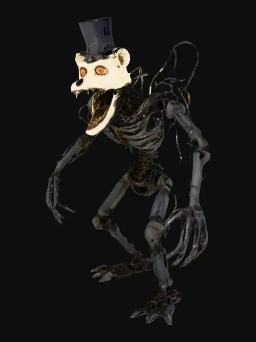 3D model for A terrifying animatronic creature, composed primarily of dark, tangled wires and metallic cables forming a humanoid body. Its gnarled limbs end in sharp, multi-fingered claws. The head is a skeletal, bear-like form, painted off-white with exposed teeth and an articulating jaw open wide in a scream. Its small, round eyes glow intensely with a bright yellow light, contrasting with the dark features of its cracked facial structure. A small, dented black top hat sits atop its head.