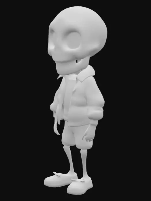 3D model for A small, stylized skeletal character with a smooth, bright white skull featuring large empty black eye sockets and a wide, permanent grin revealing distinct teeth. Its left eye socket contains a vibrant, glowing cyan light. The character wears a soft, slightly puffy blue jacket over a plain white t-shirt, black baggy shorts, and light pink, soft-looking slippers. Its posture is relaxed, standing upright with short, stubby limbs.