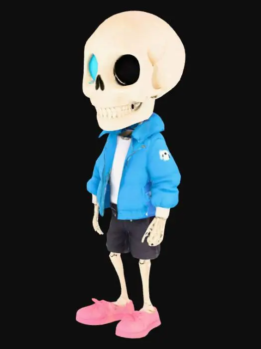 3D model for A small, stylized skeletal character with a smooth, bright white skull featuring large empty black eye sockets and a wide, permanent grin revealing distinct teeth. Its left eye socket contains a vibrant, glowing cyan light. The character wears a soft, slightly puffy blue jacket over a plain white t-shirt, black baggy shorts, and light pink, soft-looking slippers. Its posture is relaxed, standing upright with short, stubby limbs.