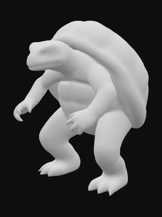 3D model for A stout, bipedal turtle-like creature with a robust, muscular build. Its smooth, leathery skin is a vibrant blue, covering its head, thick limbs, and tail, contrasting with a creamy, almost white underside. A large, domed, and distinctly hard reddish-brown shell encases its back, appearing dense and protective. From the top rear of this shell, two large, metallic grey cannons protrude, featuring a sleek, cylindrical shape. The creature stands firmly, with a determined expression, showcasing its thick, powerful structure.