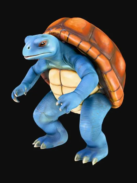 3D model for A stout, bipedal turtle-like creature with a robust, muscular build. Its smooth, leathery skin is a vibrant blue, covering its head, thick limbs, and tail, contrasting with a creamy, almost white underside. A large, domed, and distinctly hard reddish-brown shell encases its back, appearing dense and protective. From the top rear of this shell, two large, metallic grey cannons protrude, featuring a sleek, cylindrical shape. The creature stands firmly, with a determined expression, showcasing its thick, powerful structure.