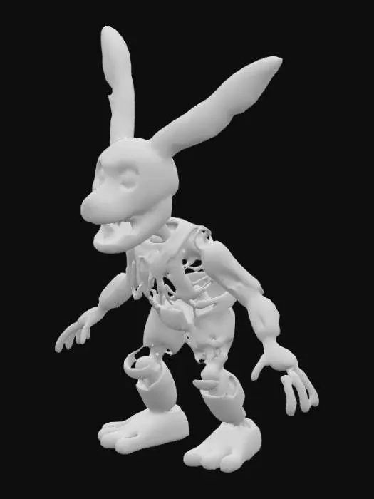 3D model for A heavily deteriorated animatronic rabbit stands upright, its dark olive-green exterior severely torn and discolored. The coarse, aged material reveals rusted metal endoskeleton parts and tangled wires, creating a gruesome, skeletal appearance. Its long, floppy ears are ripped, and its face features dark, hollow eye sockets. The entire surface is grimy and decaying, suggesting a rough, brittle texture with sharp, broken edges, giving it an unsettling and menacing presence.