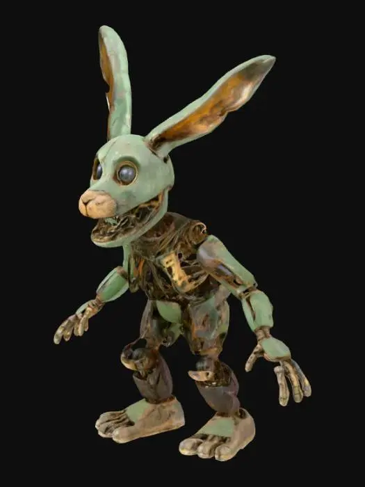 3D model for A heavily deteriorated animatronic rabbit stands upright, its dark olive-green exterior severely torn and discolored. The coarse, aged material reveals rusted metal endoskeleton parts and tangled wires, creating a gruesome, skeletal appearance. Its long, floppy ears are ripped, and its face features dark, hollow eye sockets. The entire surface is grimy and decaying, suggesting a rough, brittle texture with sharp, broken edges, giving it an unsettling and menacing presence.