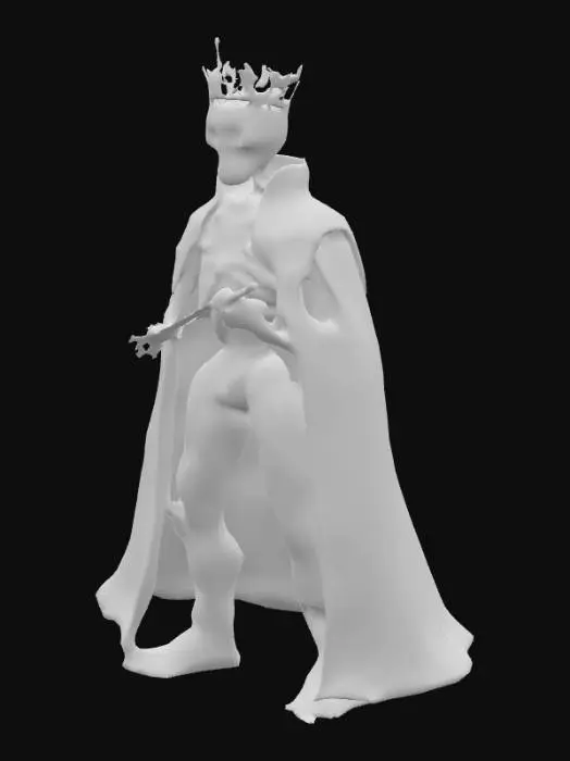 3D model for A charcoal black skeleton with a slightly rough, bony texture is draped in a torn black royal robe that feels like worn velvet, embedded with several smooth, red rubies. On its skull rests a stark white crown, also adorned with bright red rubies. The skeleton's empty, hollow eye sockets gleam with small, intense red dots. It grips a long, sleek sword with a cold, metallic surface, its design incorporating more sparkling red rubies.