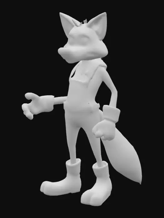 3D model for An anthropomorphic cartoon wolf character with a slender, tall build, featuring a black fur-like body and a pale yellow-beige snout, gloves, and overalls. The character has large, rounded black ears, white pie-cut eyes with black pupils, and is wearing large black boots. Its texture is smooth and matte, resembling an old animation style, with distinct fabric folds visible on the beige clothing. The character stands with one hand extended forward, as if gesturing.
