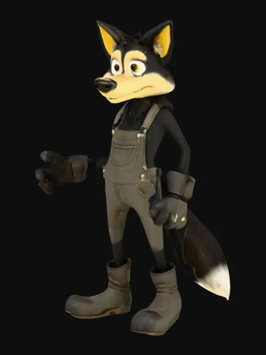 3D model for An anthropomorphic cartoon wolf character with a slender, tall build, featuring a black fur-like body and a pale yellow-beige snout, gloves, and overalls. The character has large, rounded black ears, white pie-cut eyes with black pupils, and is wearing large black boots. Its texture is smooth and matte, resembling an old animation style, with distinct fabric folds visible on the beige clothing. The character stands with one hand extended forward, as if gesturing.