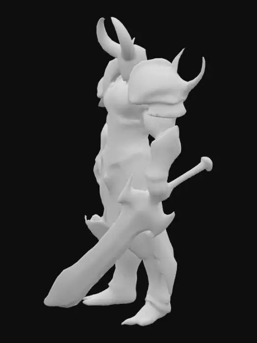 3D model for A formidable, armored warrior figure, its bulky physique encased in dark, polished obsidian-like metal plating with visible seams and rivets. Sharp, vibrant magenta-purple spikes protrude from its shoulders and elbows, complementing the large, curved horns on its helmet. Its visor features two glowing magenta slits for eyes. The figure stands firm, wielding a wide, heavy, silver metallic sword, its surface appearing smooth and unblemished.