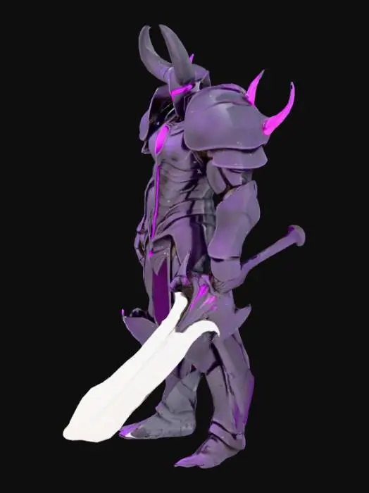3D model for A formidable, armored warrior figure, its bulky physique encased in dark, polished obsidian-like metal plating with visible seams and rivets. Sharp, vibrant magenta-purple spikes protrude from its shoulders and elbows, complementing the large, curved horns on its helmet. Its visor features two glowing magenta slits for eyes. The figure stands firm, wielding a wide, heavy, silver metallic sword, its surface appearing smooth and unblemished.
