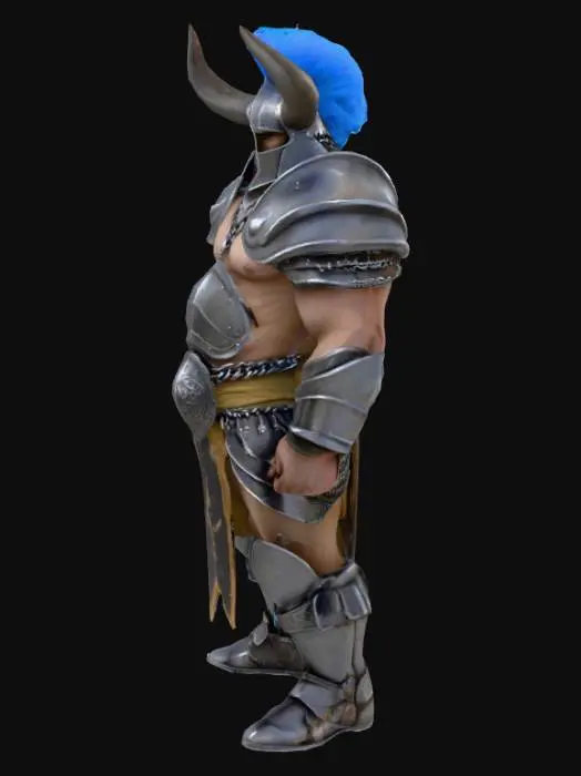 3D model for A stout, heavily armored character features dark, glossy metal plates on its bulky body, forearms, and helmet. Its large, mace-like gauntlets are spherical with prominent spikes. A blue plume accents the segmented, horned helmet, revealing a small, determined face with angry eyebrows. Silver chainmail covers the midsection and upper arms, contrasted by an orange belt buckle. The figure stands in an aggressive posture, holding its spiked fists ready.