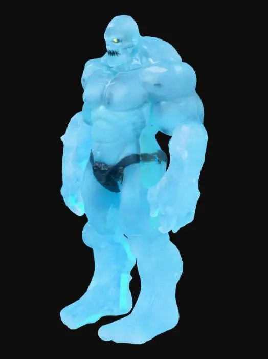 3D model for A robust, powerful ice golem, its body primarily formed from smooth, translucent normal ice, which glows with an internal light, giving it a luminous quality. Irregular, dark lumps of coal protrude from its shoulders and crown, providing a stark, rough contrast to the ice. Its predominantly cool blue and white ice surfaces are offset by the deep black, textured coal. The golem stands in a strong, slightly leaning posture, displaying a smirk on its rugged, sculpted face, devoid of any battle scars.